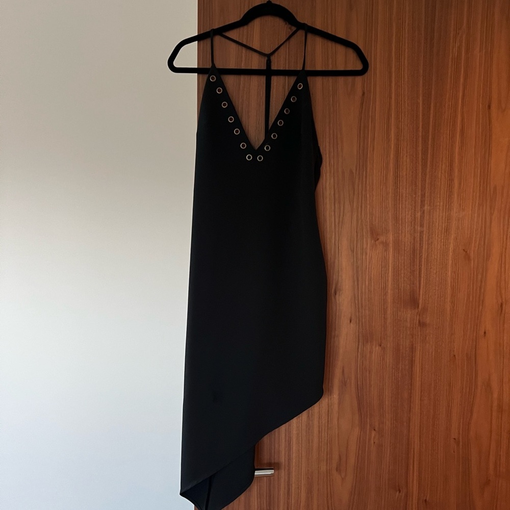 NBD asymmetrical black dress with grommets